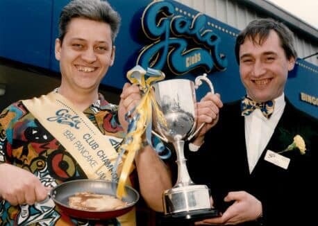 Alan Dawson on the right with the Midlands Pancake tossing Champion circa 1994